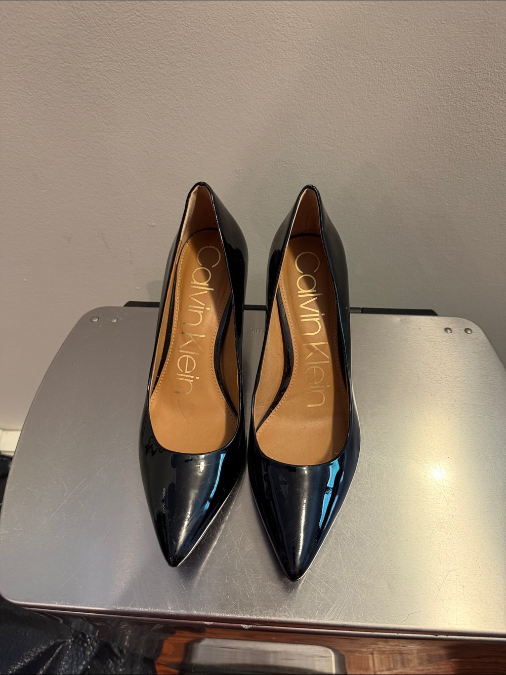 Calvin Klein Black Patent Pointed-Toe Pumps with Tan Insole